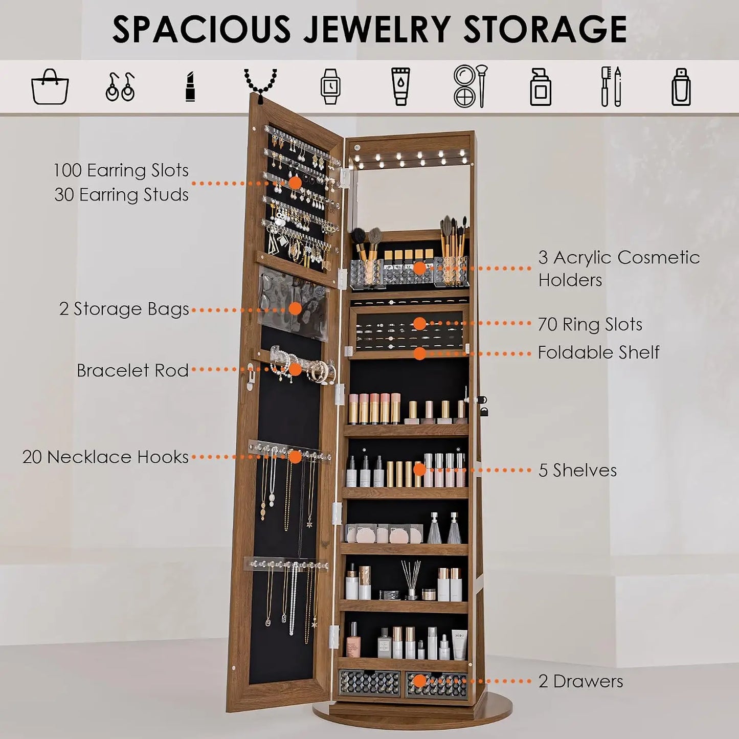 360° Swivel Jewelry Mirror Cabinet, Lockable Standing Jewelry Armoire with Full Length Mirror, Storage Shelves,, Custom