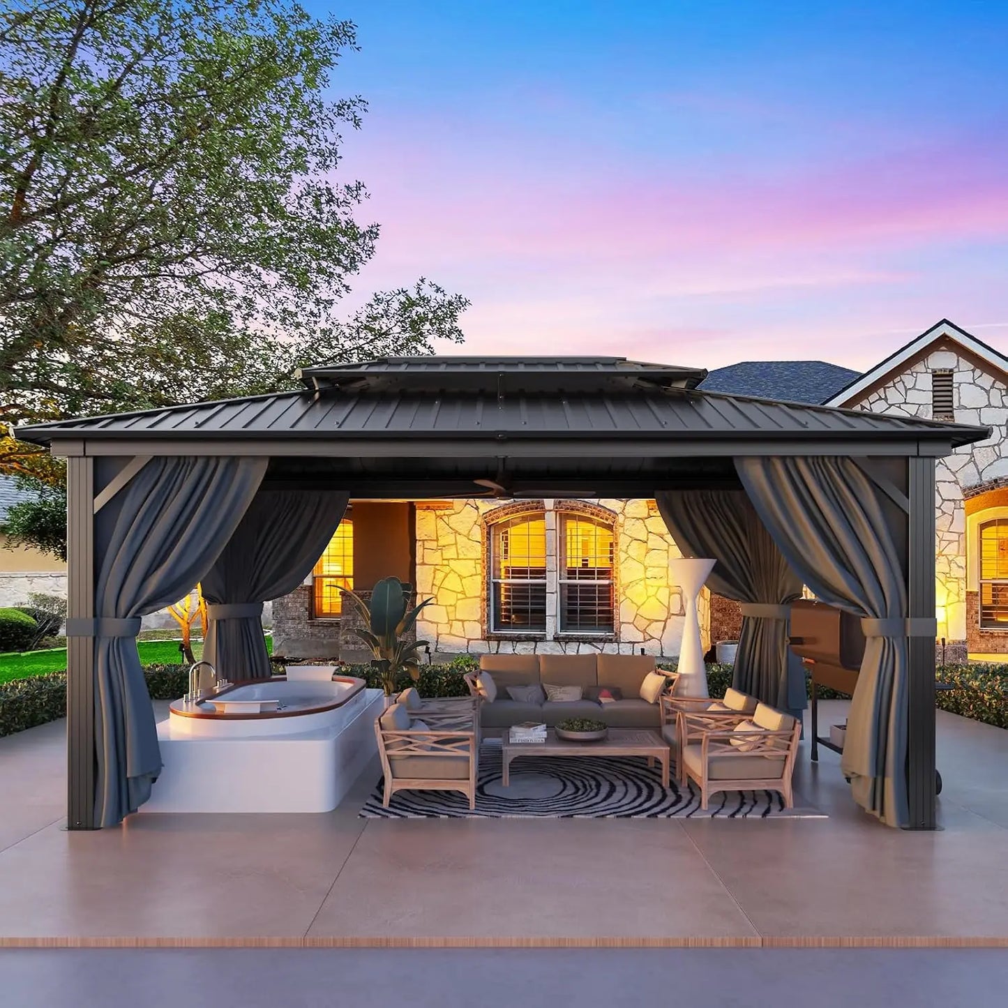 10x15 Hardtop Gazebo with Flame-Retardant Curtain & Netting, Hot Tub Gazebo with Galvanized Steel Double Roof, Heavy, Custom