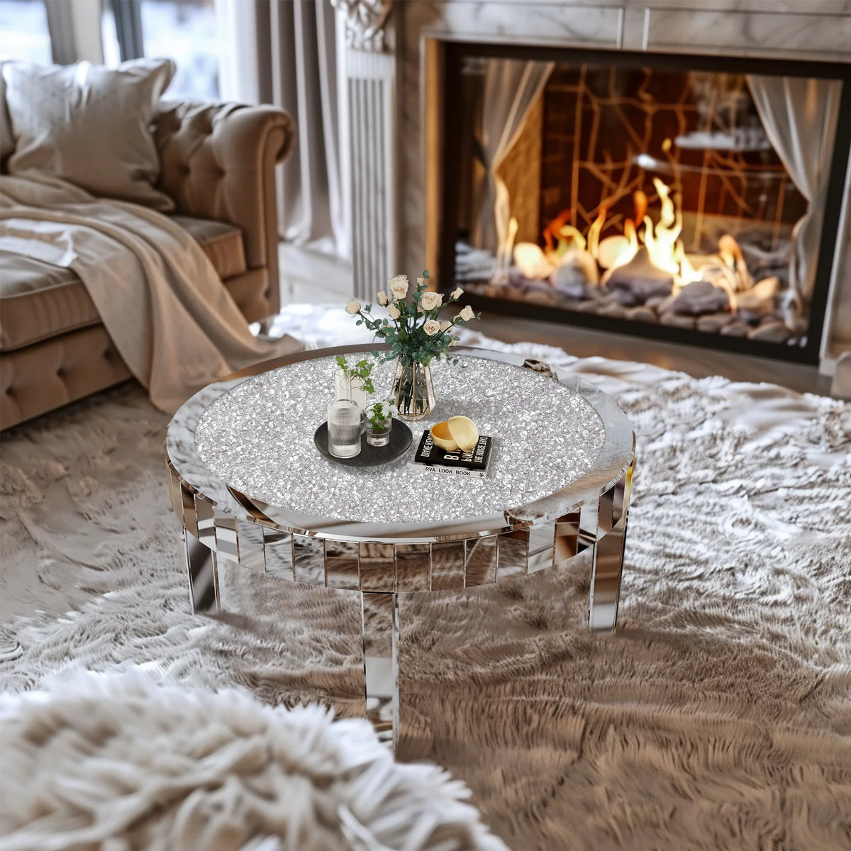 Modern Round Mirrored Coffee Table With Crystal Glass Inlay