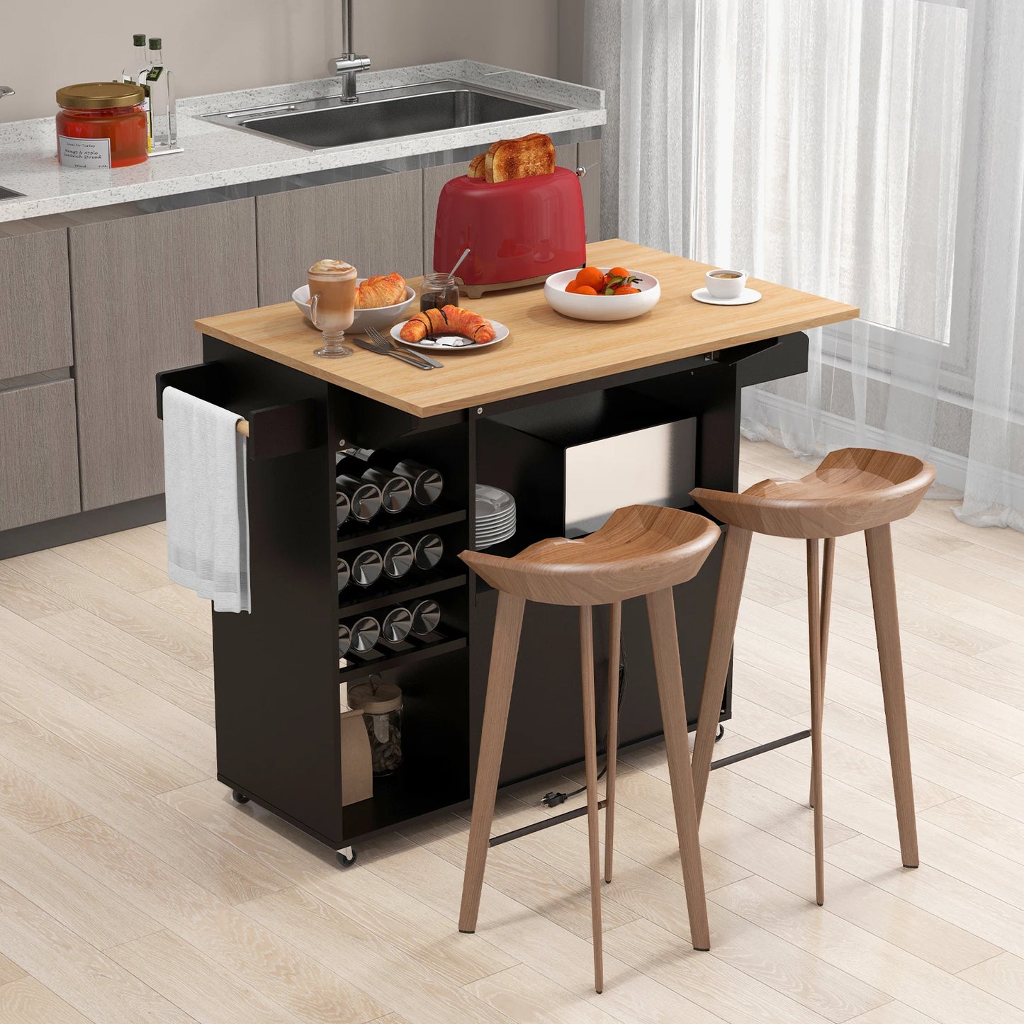 Kitchen Island Cart w/ Drop-Leaf & Power Outlet Microwave Shelf Wine Rack Drawer
