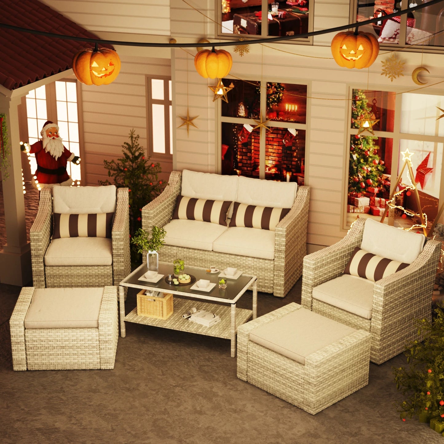 6-Piece Outdoor Patio Furniture Set, Brown PE Rattan Wicker Sectional Conversation Sofa with Cushions & Glass Coffee Table, Weather Resistant Modular Patio Furniture Set for Backyard Porch Garden – Outdoor Furniture, Patio