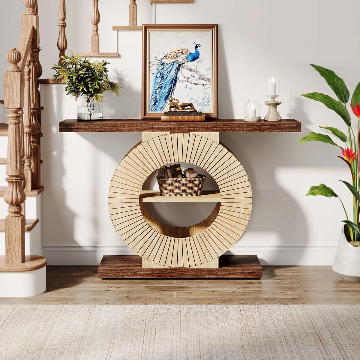 Tribesigns Modern Console Table With Storage Shelves And Round Base