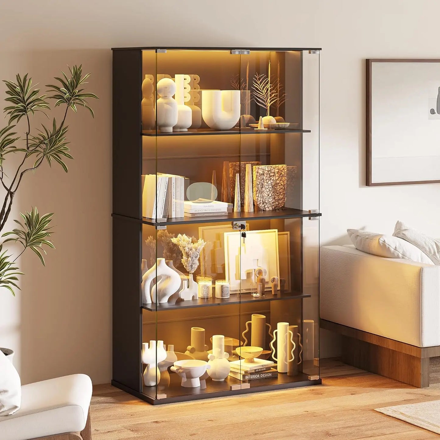 ZHILU Lockable Glass Door Display Cabinet 4 Tier Lighted Curio Cabinet