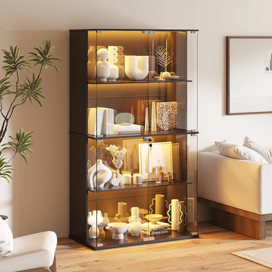ZHILU Lockable Glass Door Display Cabinet 4 Tier Lighted Curio Cabinet
