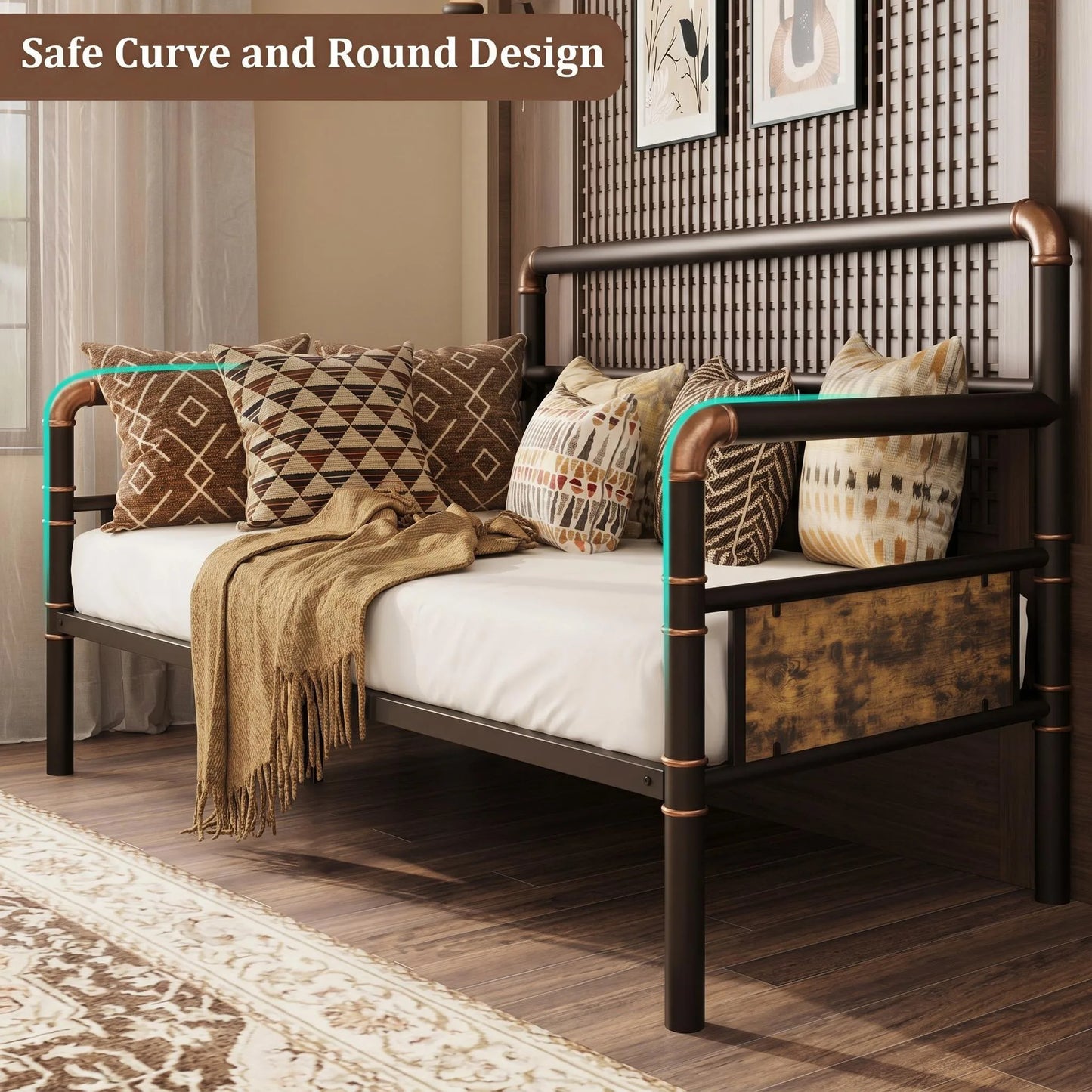 Heavy Duty Metal Daybed Frame Steel Slats Support Noise-Free Headboard Sofa Bed for Living Room Bedroom Guest Room, No Box Spring Needed