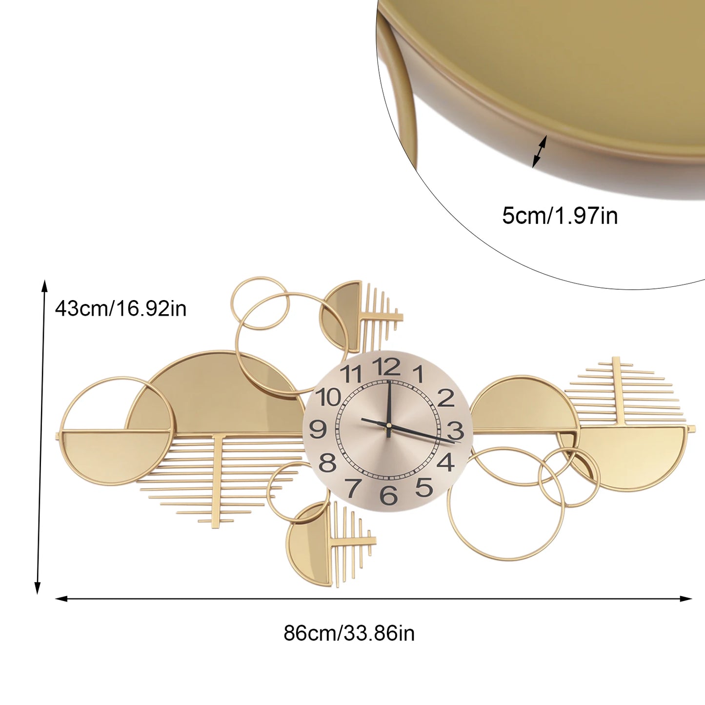 Geometric Wall Clock, 86x43cm Gold Iron Forged Timepiece, Silent Quartz Movement Clear Arabic Numerals Multi-position Hanging Slots Indoor Wall Decor For Living Room Office Cafe