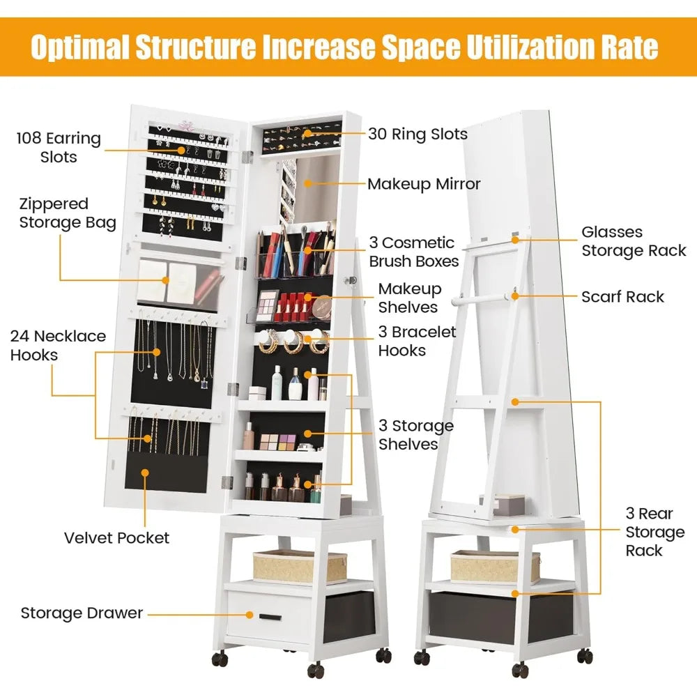XIAOLANG 360 Degree Swivel Jewelry Armoire With Full Length Mirror