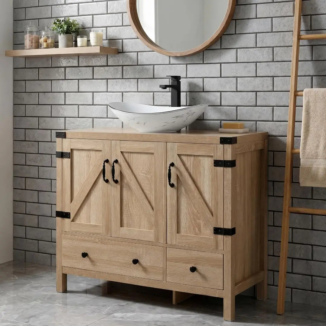 36" Natural Color Bathroom Vanity, Rustic Fixture Standing Pedestal Cabinet with White Ceramic Sink, Custom