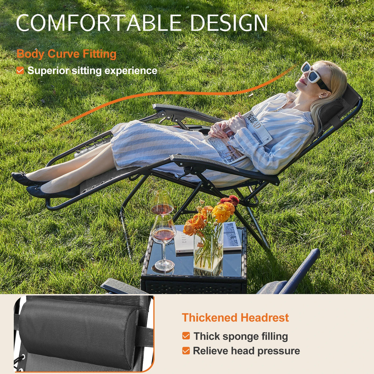 JHK Zero Gravity Portable Outdoor Recliner With Cup Holder Tray