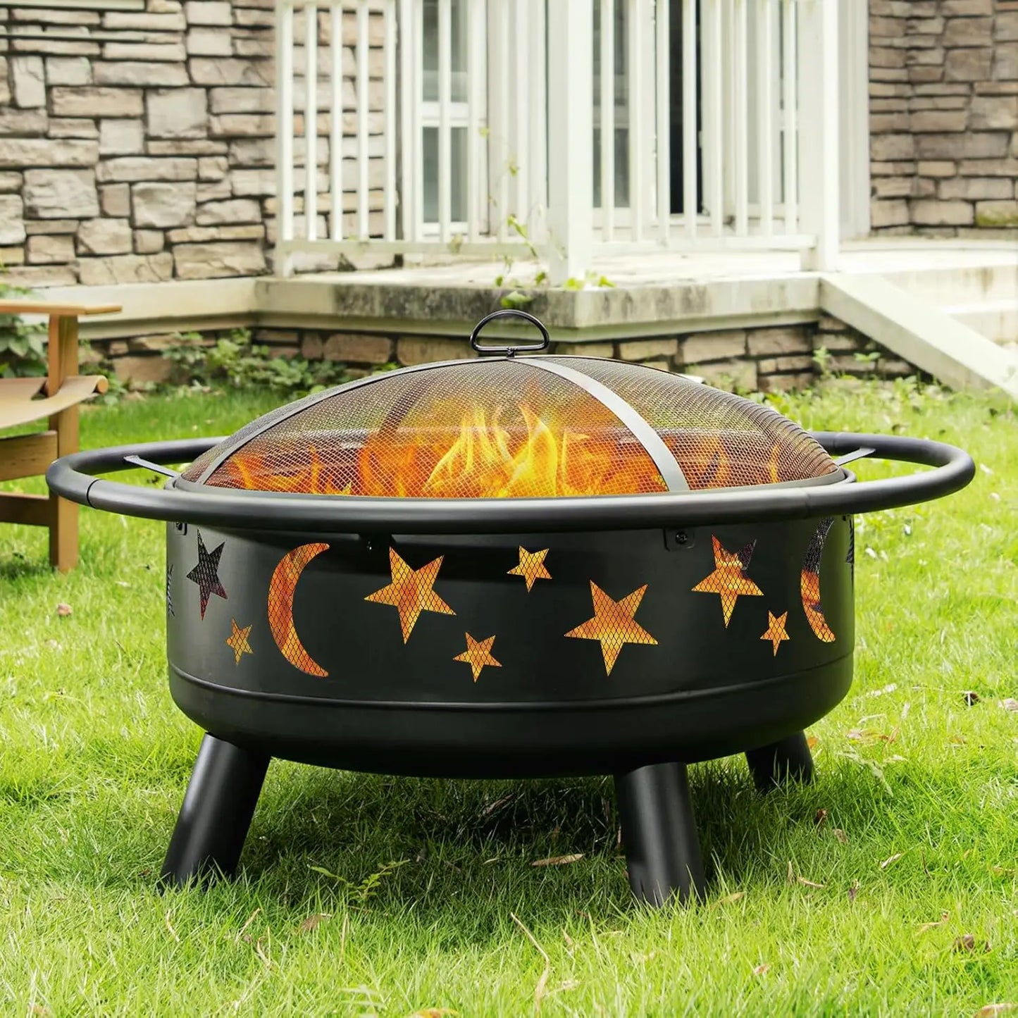 Fire Pit Star Moon Design Outdoor Metal Wood Burning