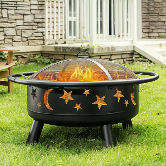 Fire Pit Star Moon Design Outdoor Metal Wood Burning