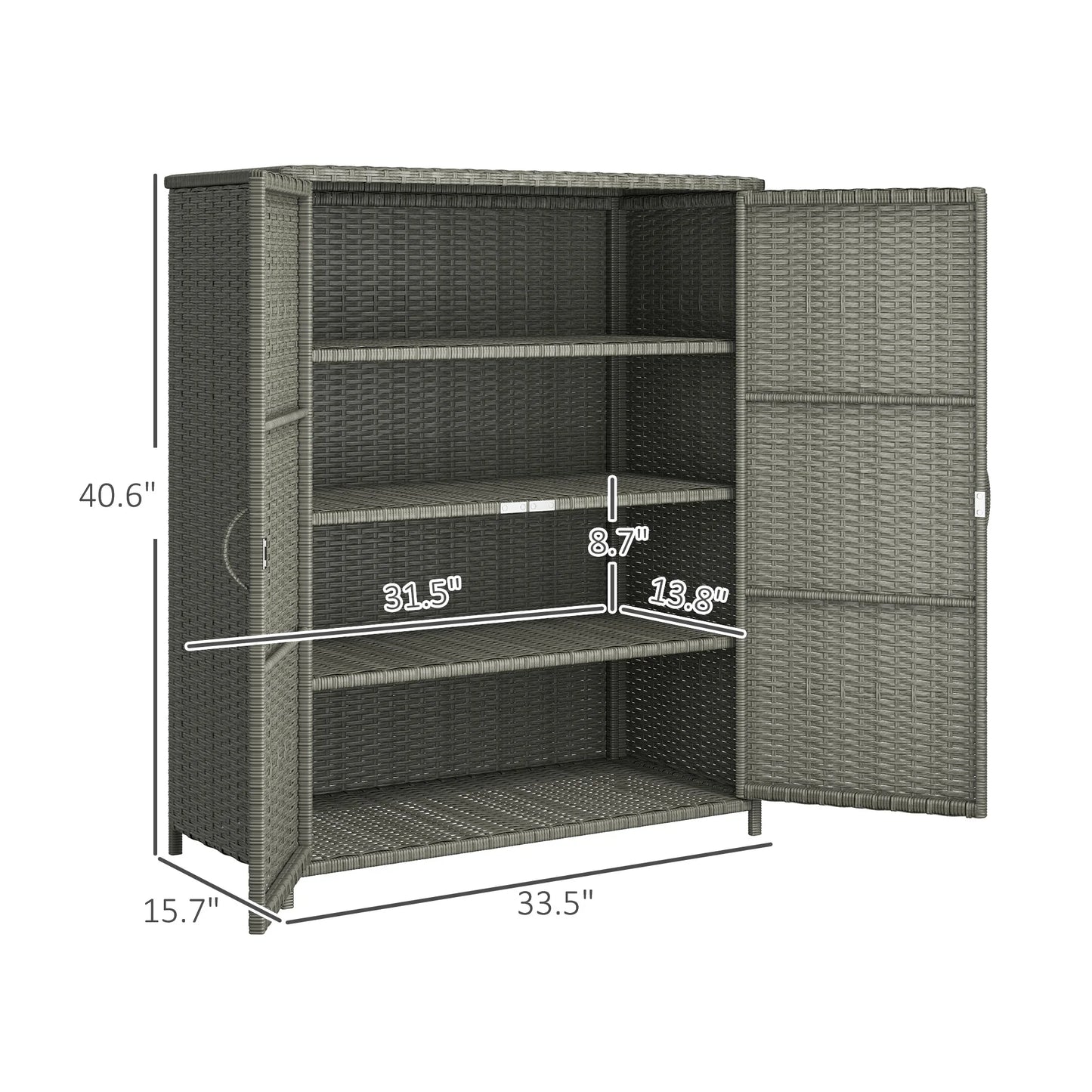 Outsunny Wicker Outdoor Storage Cabinet with Shelves, 2 Doors, Dark Gray