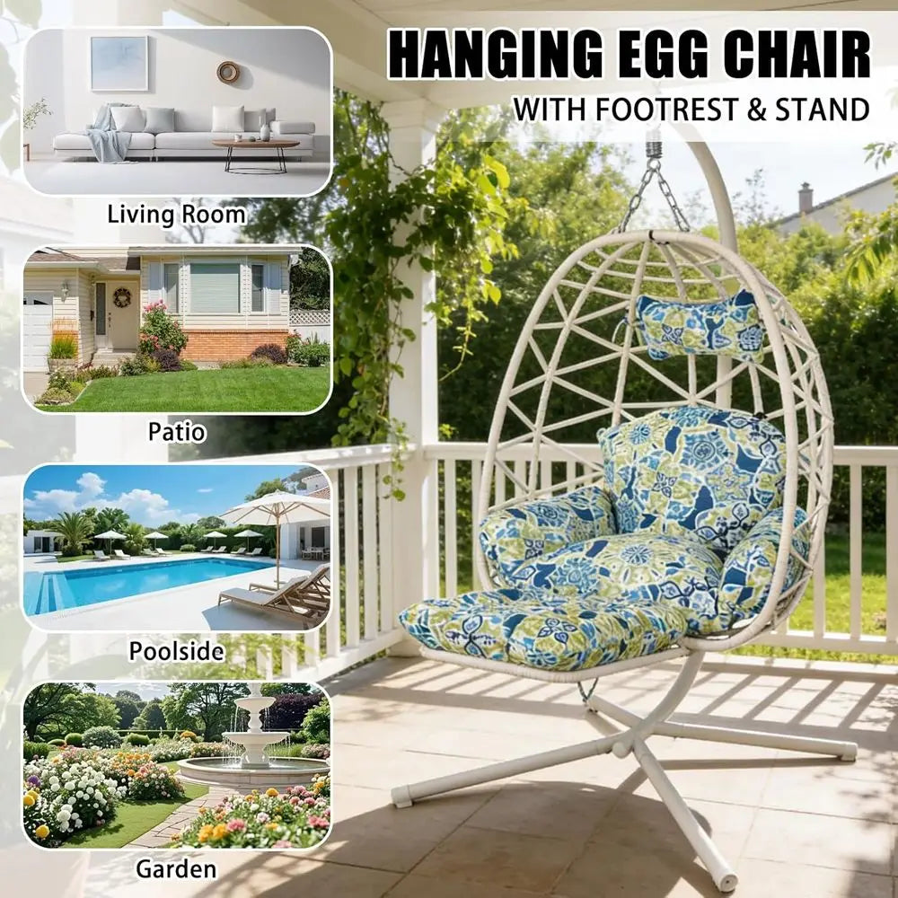 Hanging Egg Chair with Stand & Leg Rest,Rattan Wicker Swing Chair with Cushion,Patio Basket Hanging Chair Wicker Hammock Chair o
