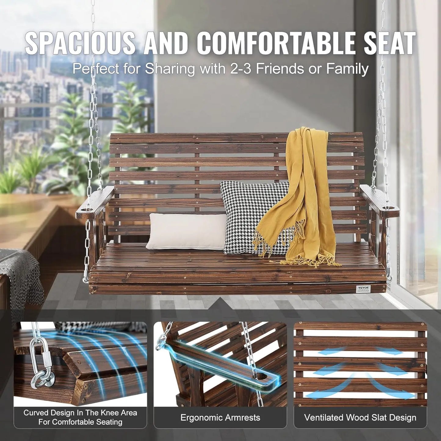 Outdoor Wooden Porch Swing Heavy Duty Hanging Bench Chair Patio