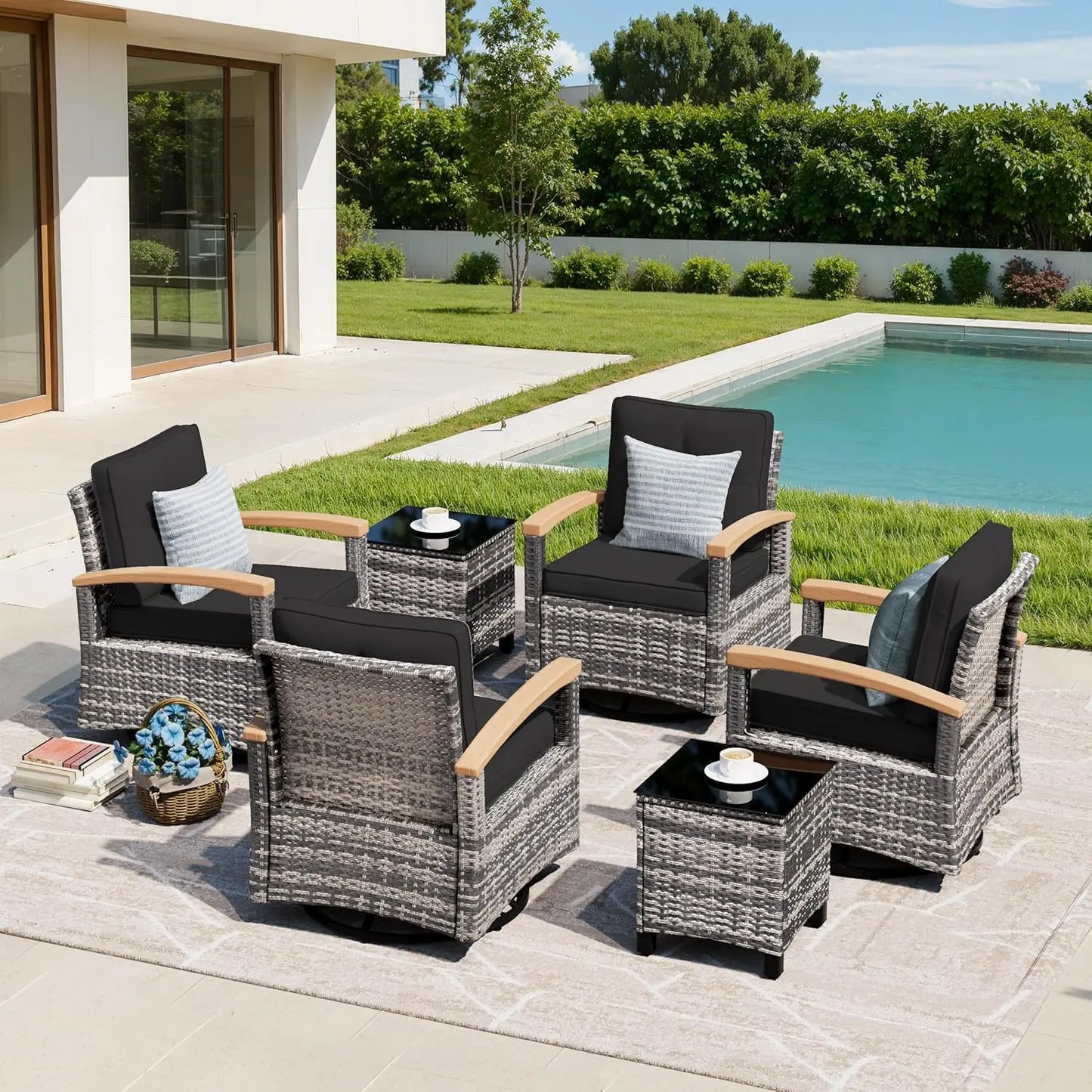 6 Pieces Patio Furniture Sets, Wicker Patio Conversation Sets with 4 Wood Armrests Swivel Glide Chairs，Outdoor, Custom