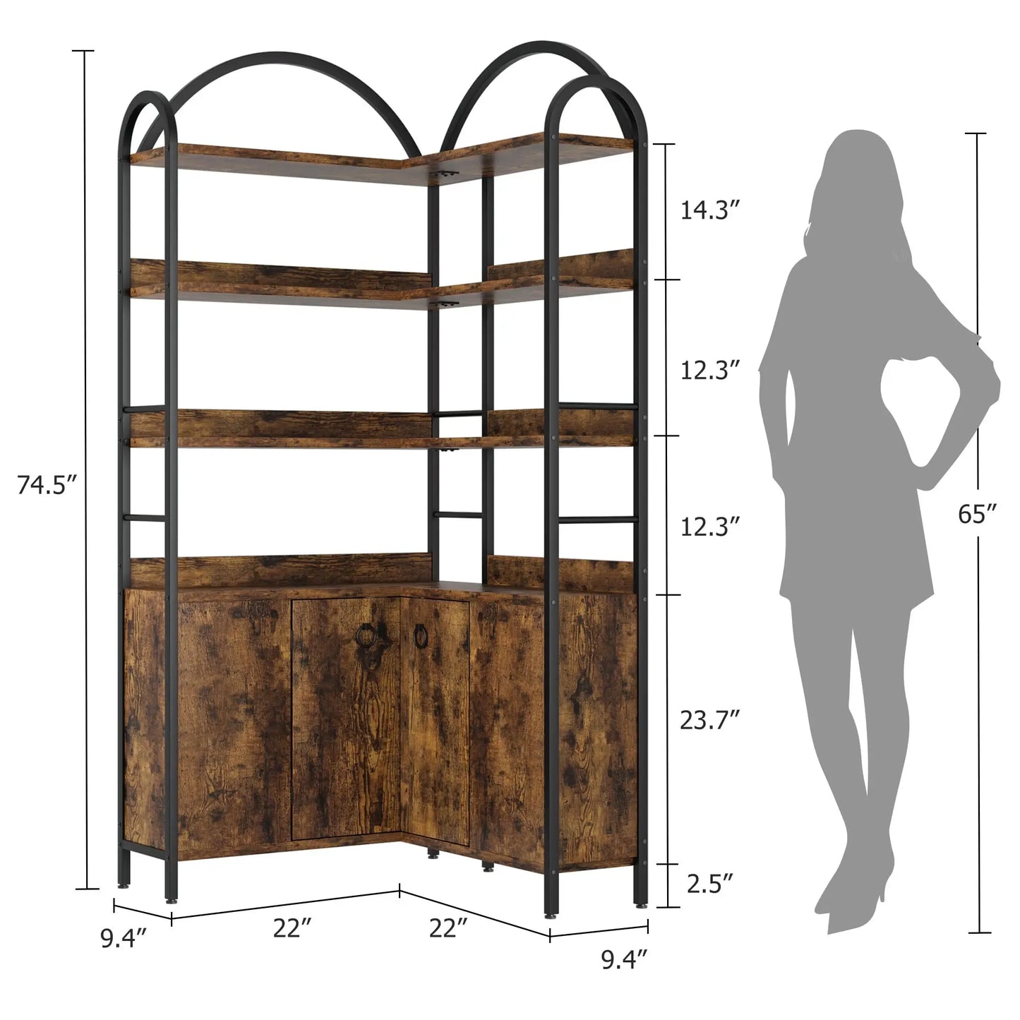 74" Tall 6-Tier Arched Corner Bookshelf - L-Shaped Corner Bookcase with Cabinet Doors - Rustic Metal & Wood Corner Storage Shelf Unit for Home Office/Living Room