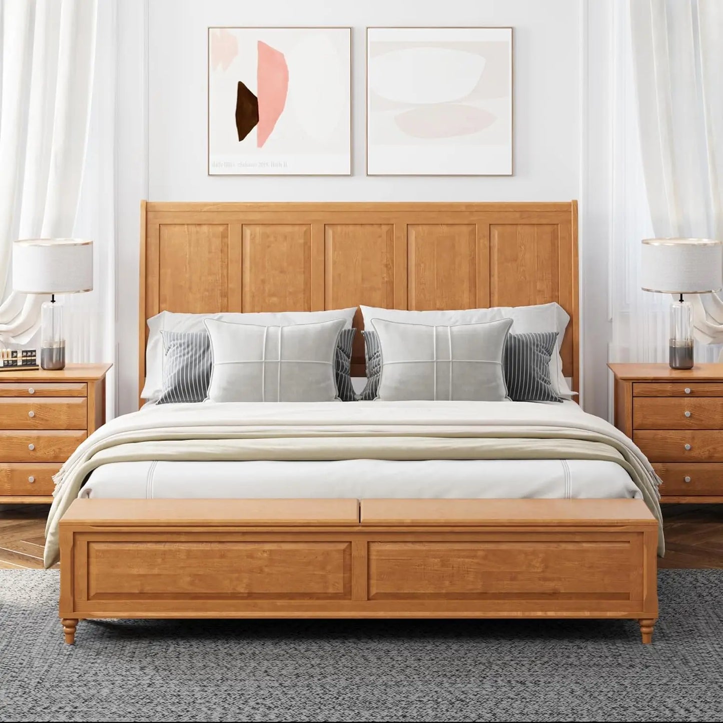 King Size Bed Frame with Headboard and Storage Bench, Solid Wood Sleigh Bed Frame No Box Spring Needed, Wood Bed Frame, Custom