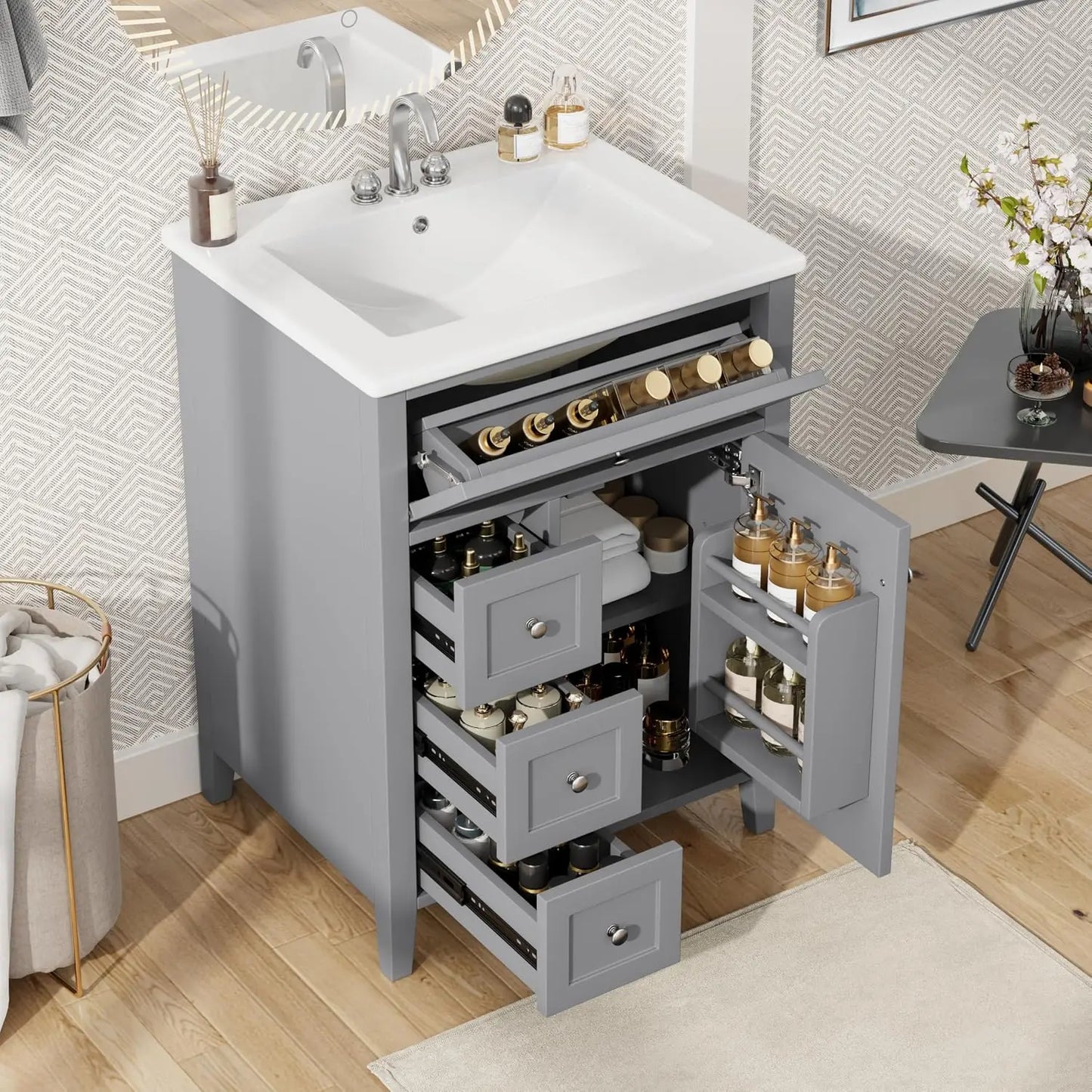 24" Bathroom Vanity with Sink Combo Set, Bathroom Cabinet with 3 Drawers and a Tip-Out Drawer, Adjustable Shelves, Soft, Custom
