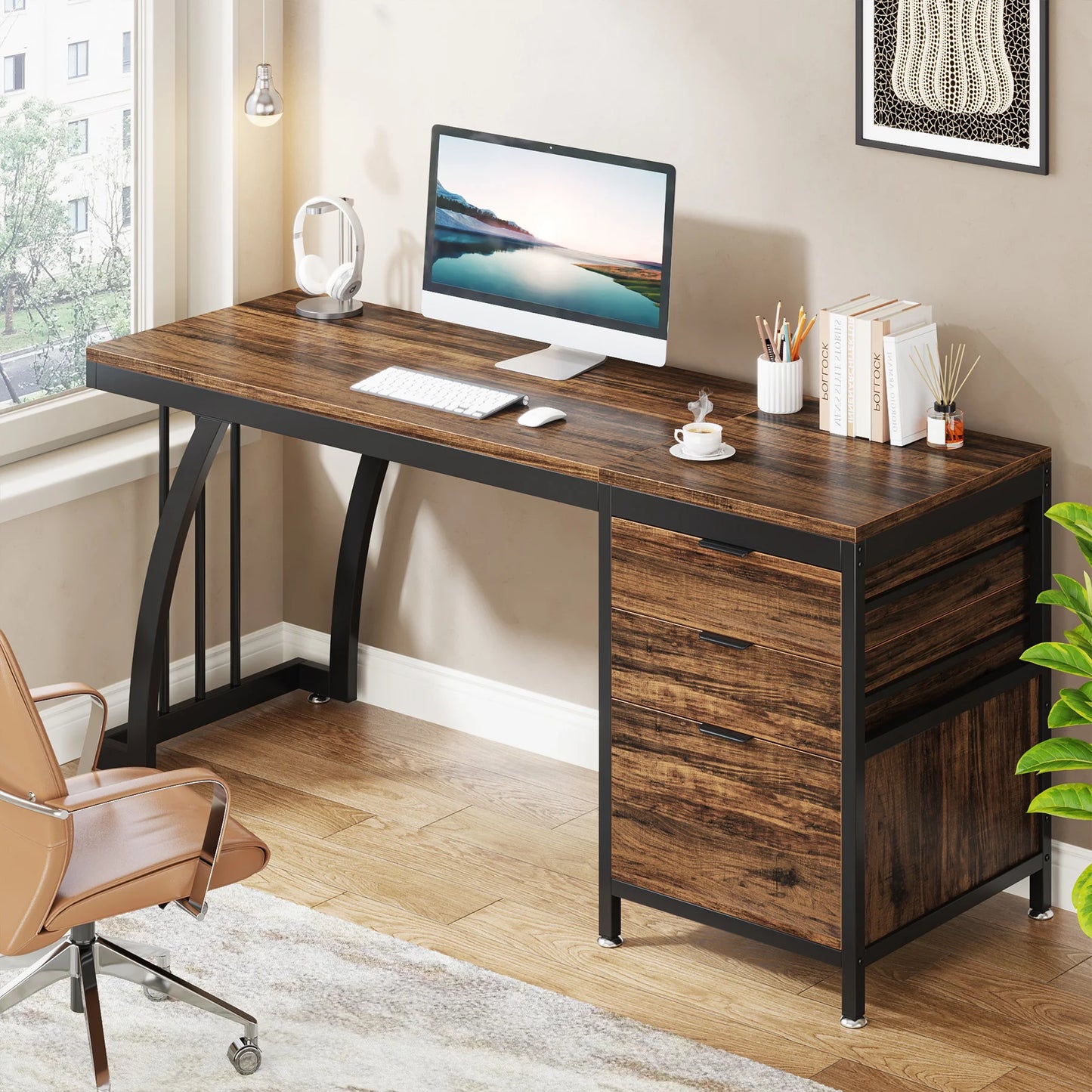 Tribesigns Industrial Computer Desk With Three Drawers And Storage