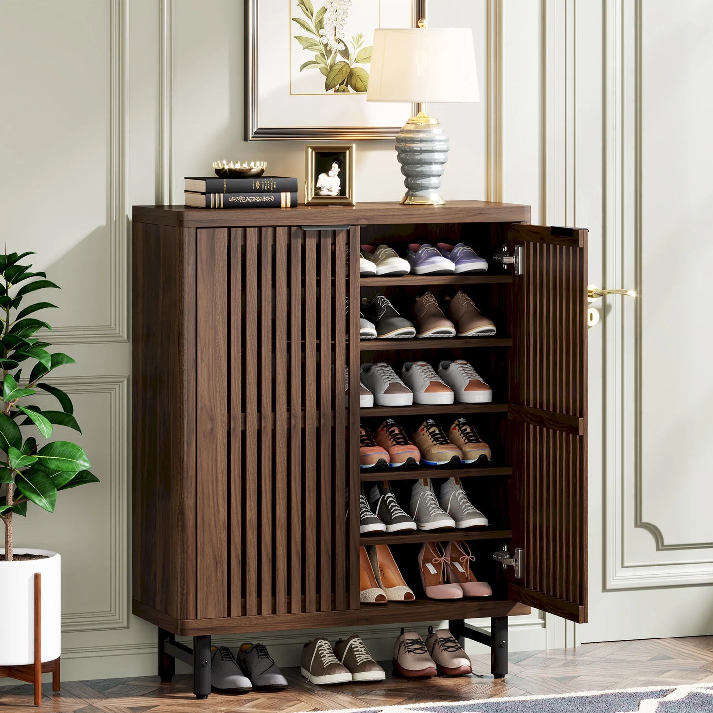 Tribesigns Wooden Shoe Cabinet With Louvered Doors And Adjustable Shelves