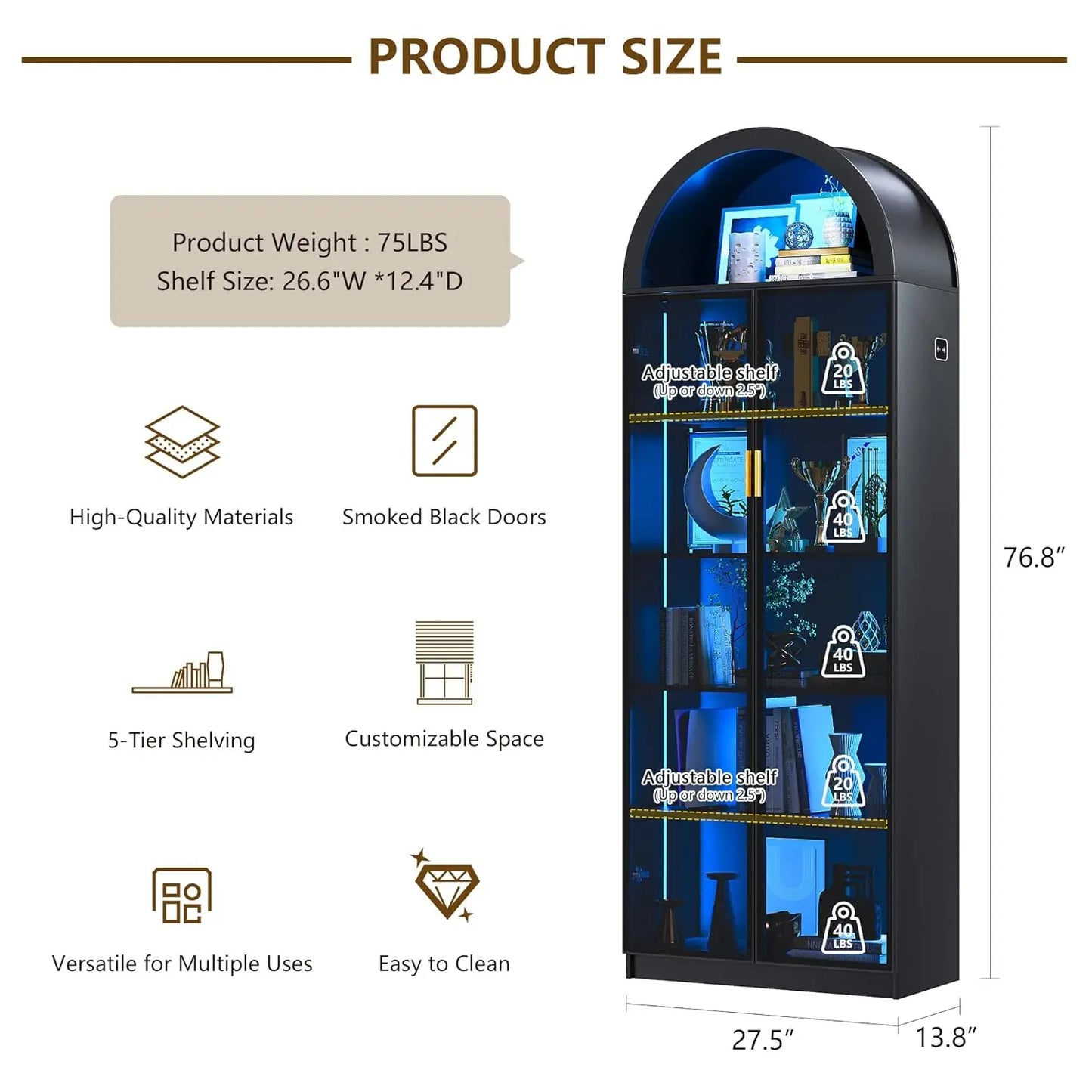 ZHILU Arch Display Cabinet With Doors And Adjustable Shelves LED