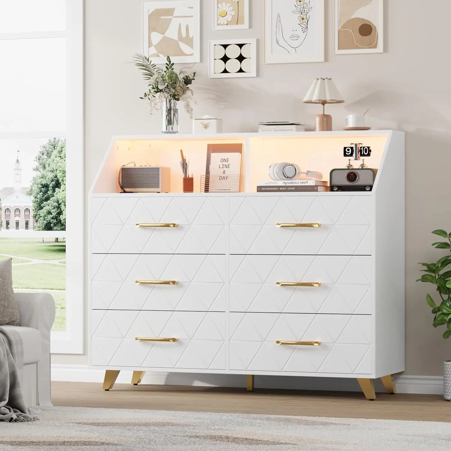 6 Drawers Dresser with LED Light and Power Outlet, Wood Dressers for Bedroom Chests of Drawers for Living Room Entryway Hallway