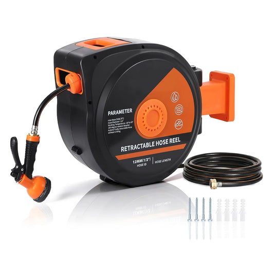 Retractable Garden Hose Reel 1/2" x 130 FT Wall Mounted Water Hose Reels, with 10 Function Sprayer Nozzle,180° Swivel Bracket