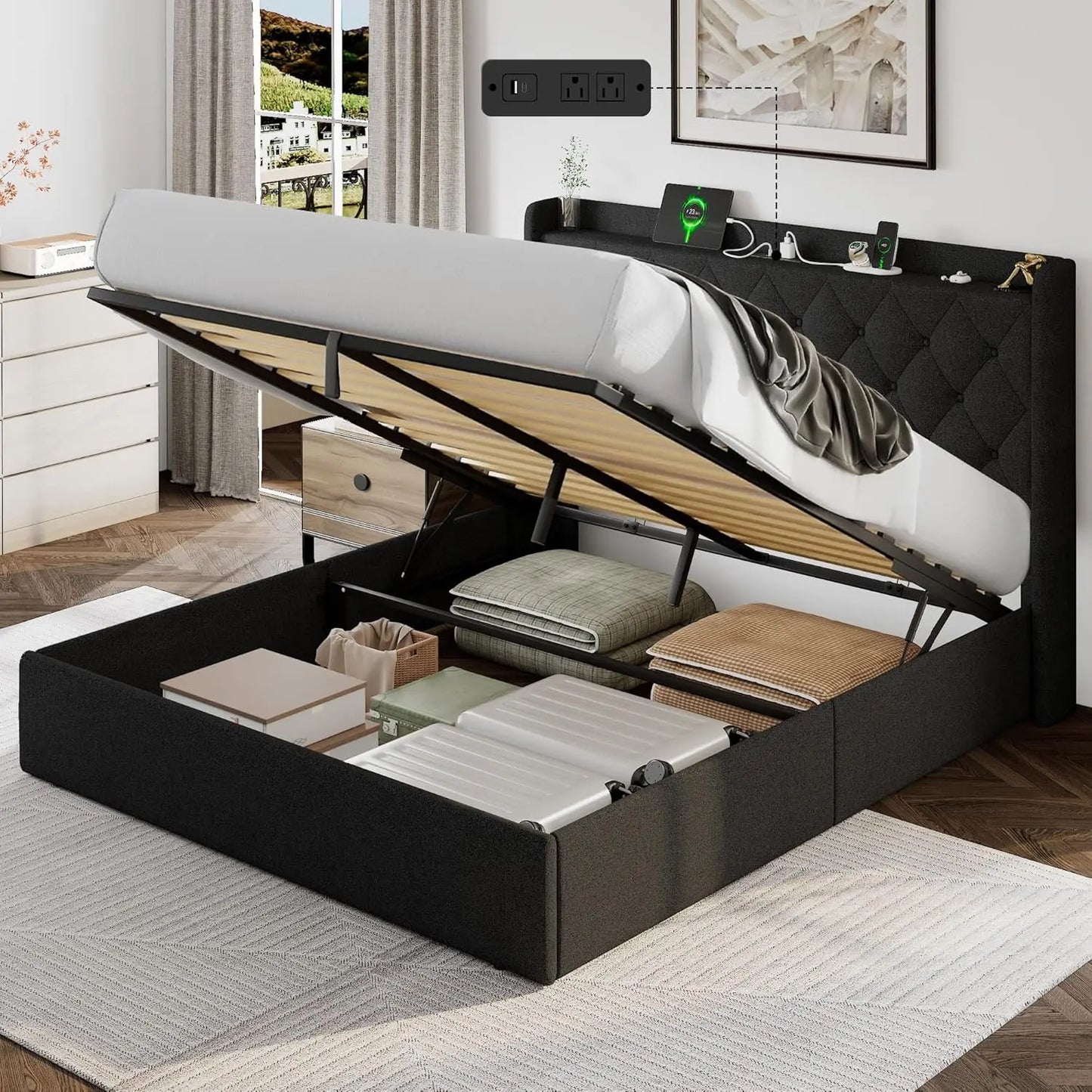 Queen Lift Up Storage Bed Frame with Headboard, Upholstered Bed Frame with Charging Station, No Box Spring Needed,, Custom