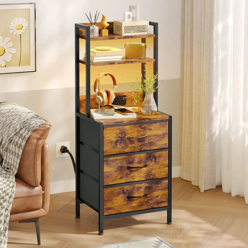Tomnk 41 Inch Tall End Table With Charging Station & Light, 3-Drawer Fabric Nightstand With & Outlet, Multi-Level Bedsid