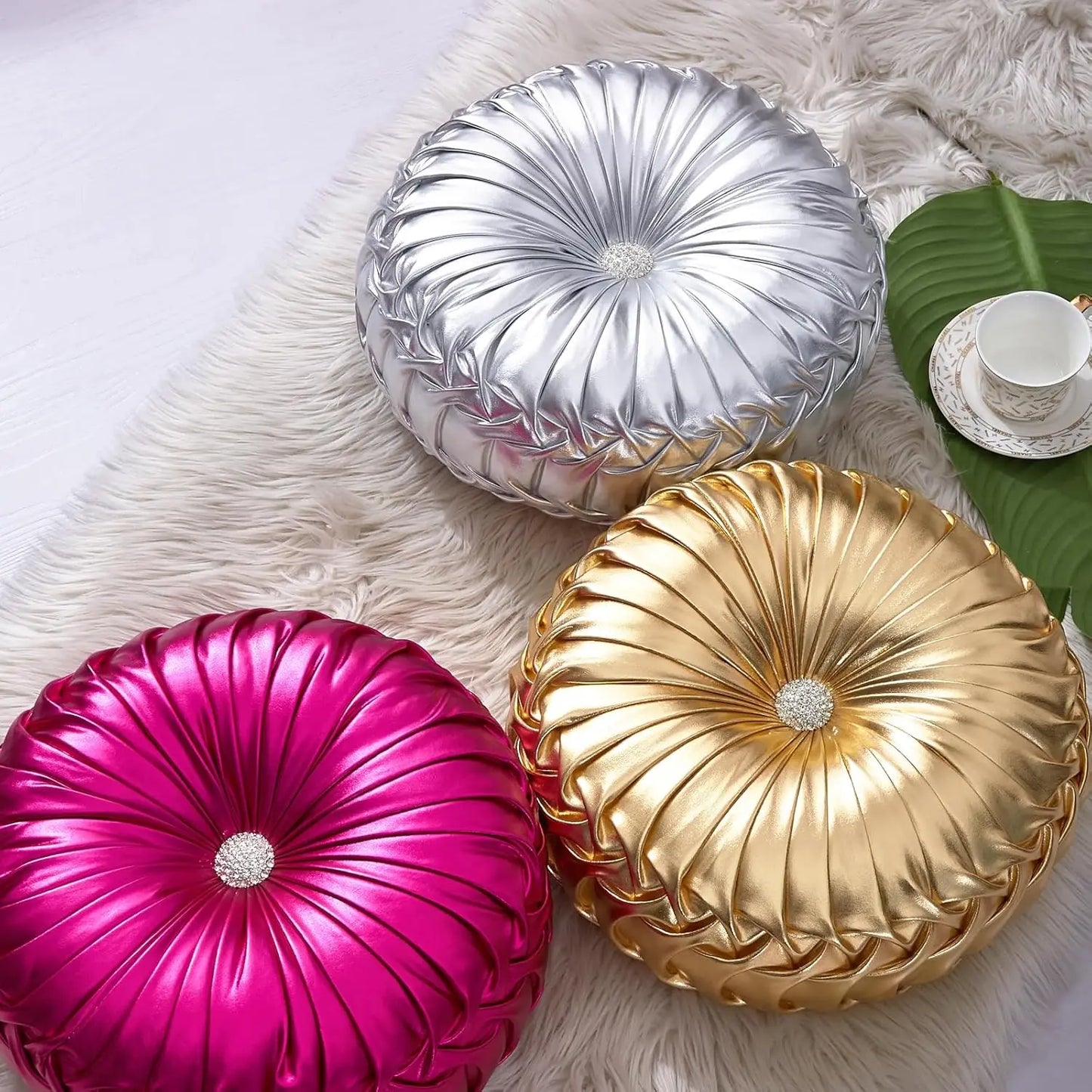 Round Leather Throw Pillow With Handmade Pleated Design For Home Decor