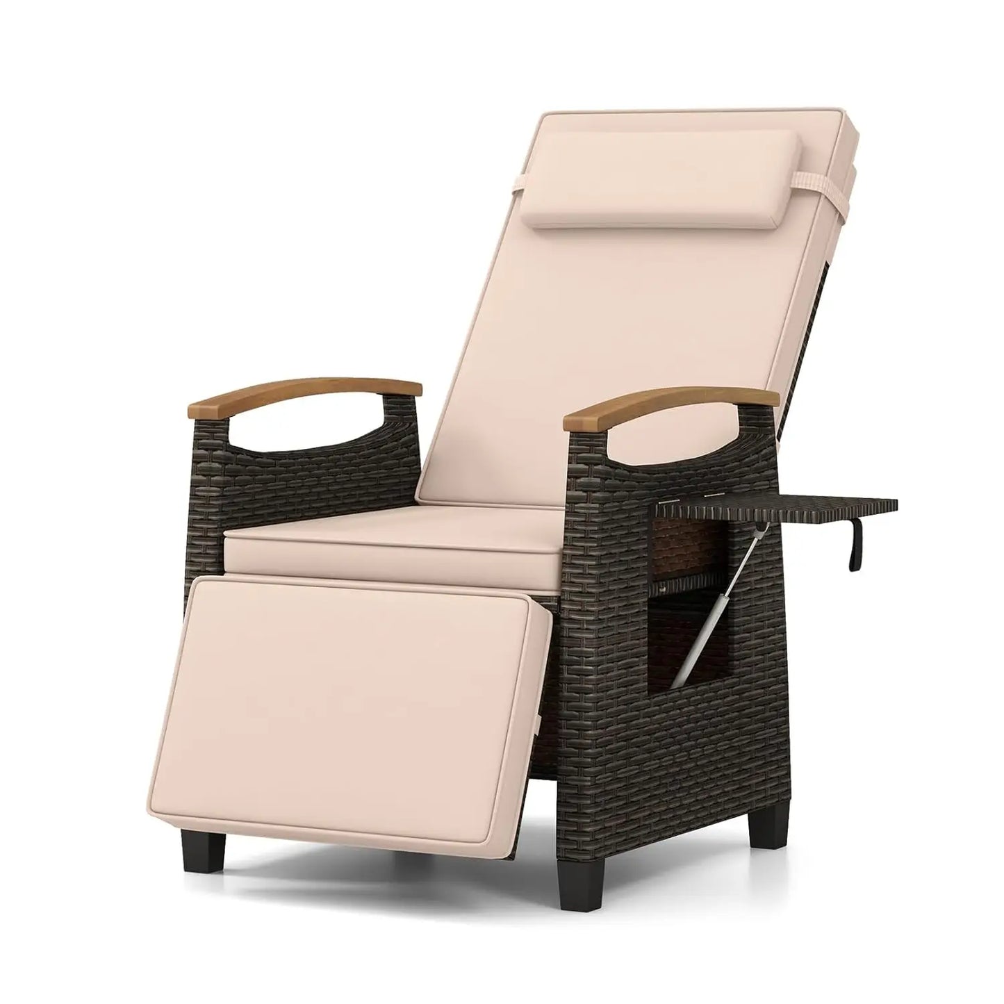 Patio Wicker Recliner Chair, Rattan Lounge Chair w/Adjustable Backrest & Footrest, Flip Side Table, Push Back, Custom