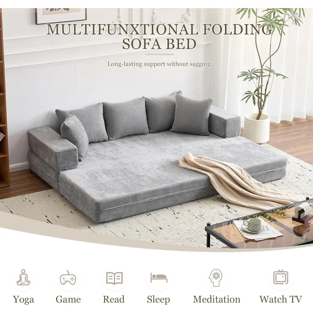 Queen Size 4-in-1 Convertible Sofa Bed - Chenille Fold out Sleeper Couch with Armrest And Pillows - Floor Chaise Lounge
