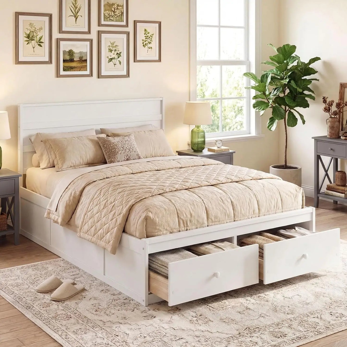 Full Storage Platform Bed Frame with Headboard Wooden Slat Support Enclosed Base No Box Spring Needed White Full, Custom