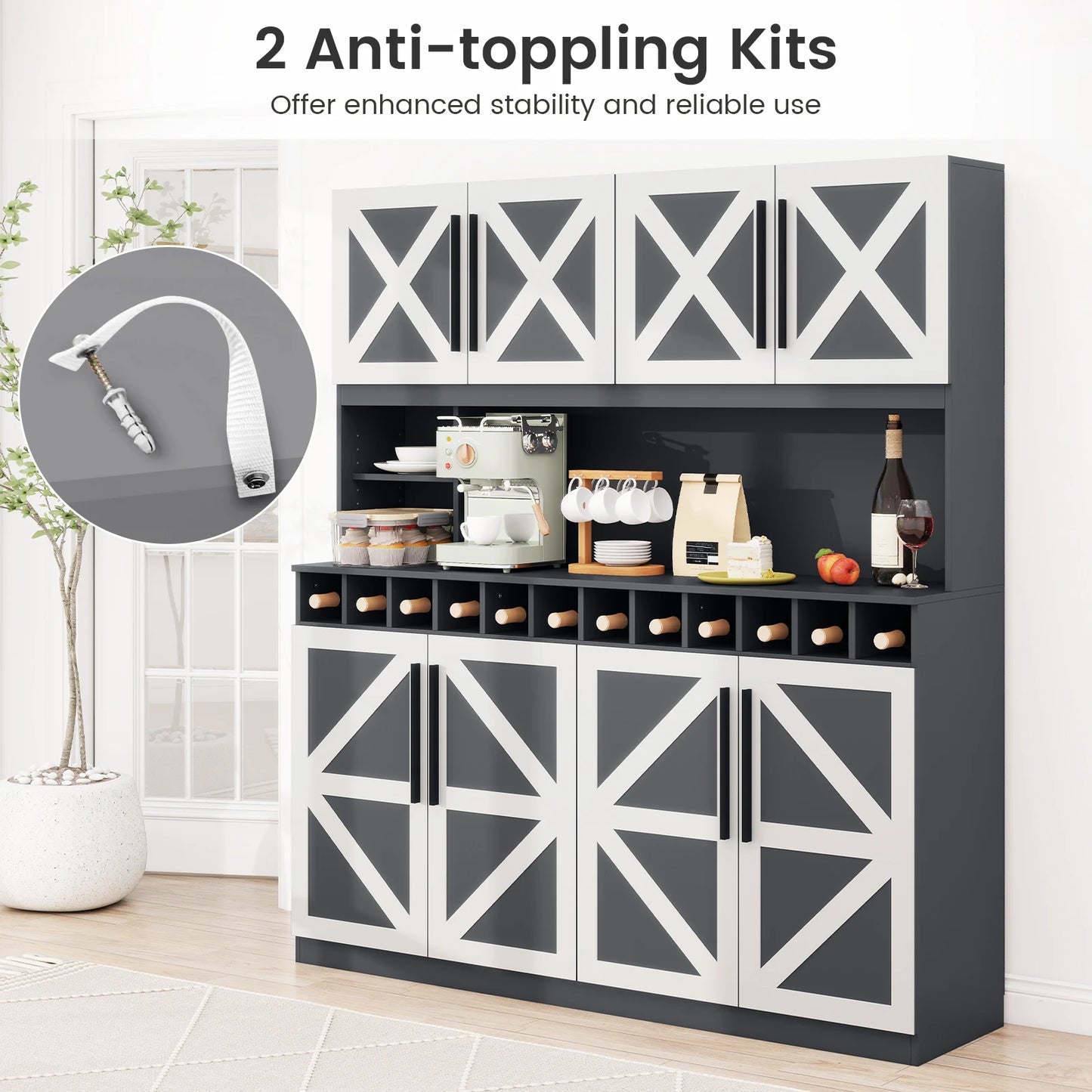 63” Wide Kitchen Buffet Hutch w/ 4 Cabinets, 2 Open Shelves & 12-Bottle Wine Rack