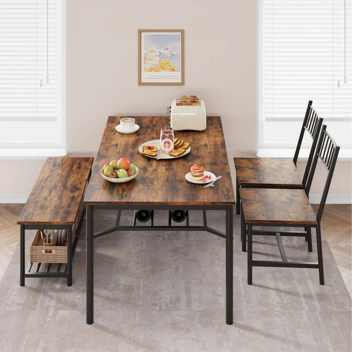 4 Piece Dining Table Set with Chairs and Storage Bench –Kitchen Table with Wine Rack –Metal Frame –Dining Table and Chairs for 4