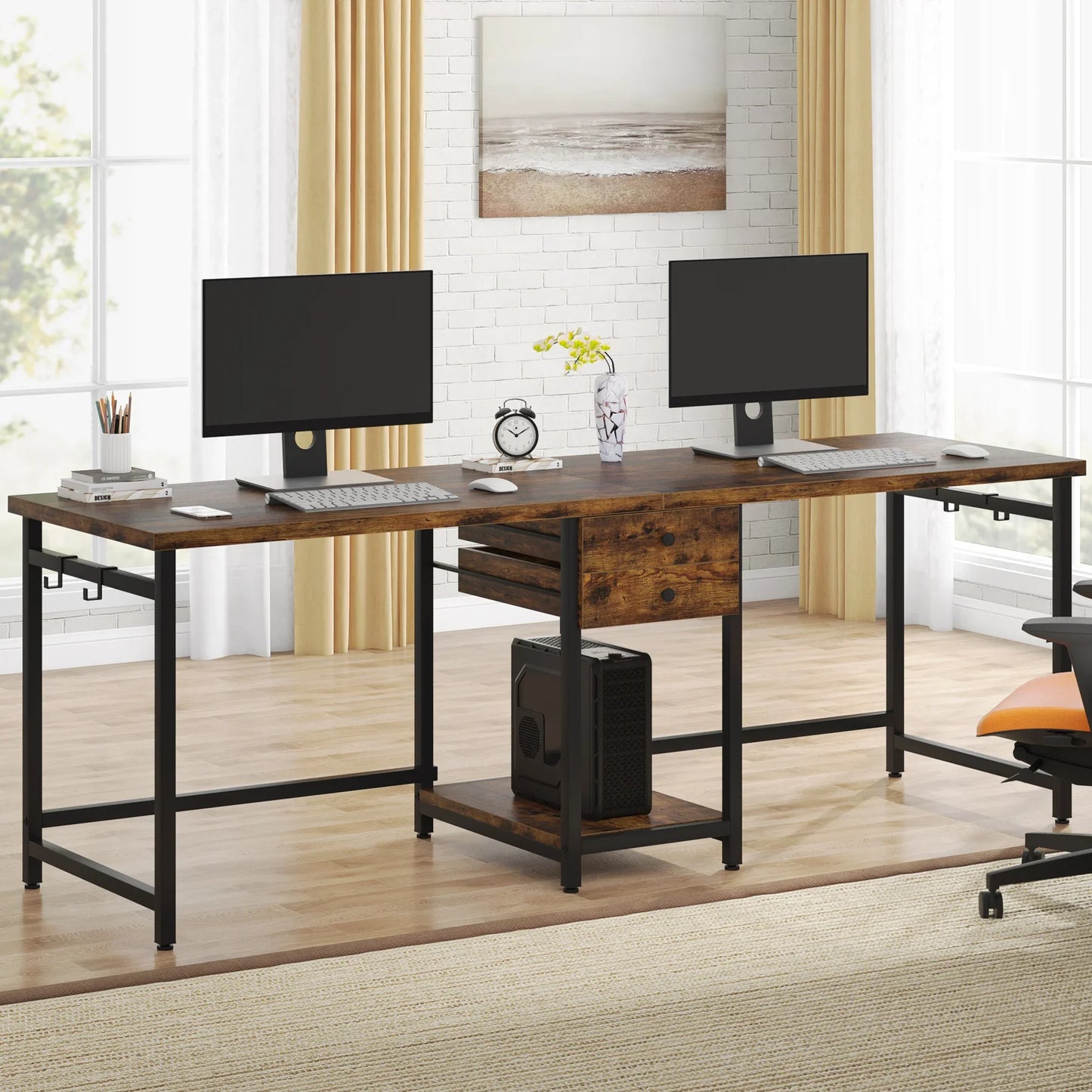 Tribesigns Wooden Double Computer Desk With Drawers And Gaming Shelves
