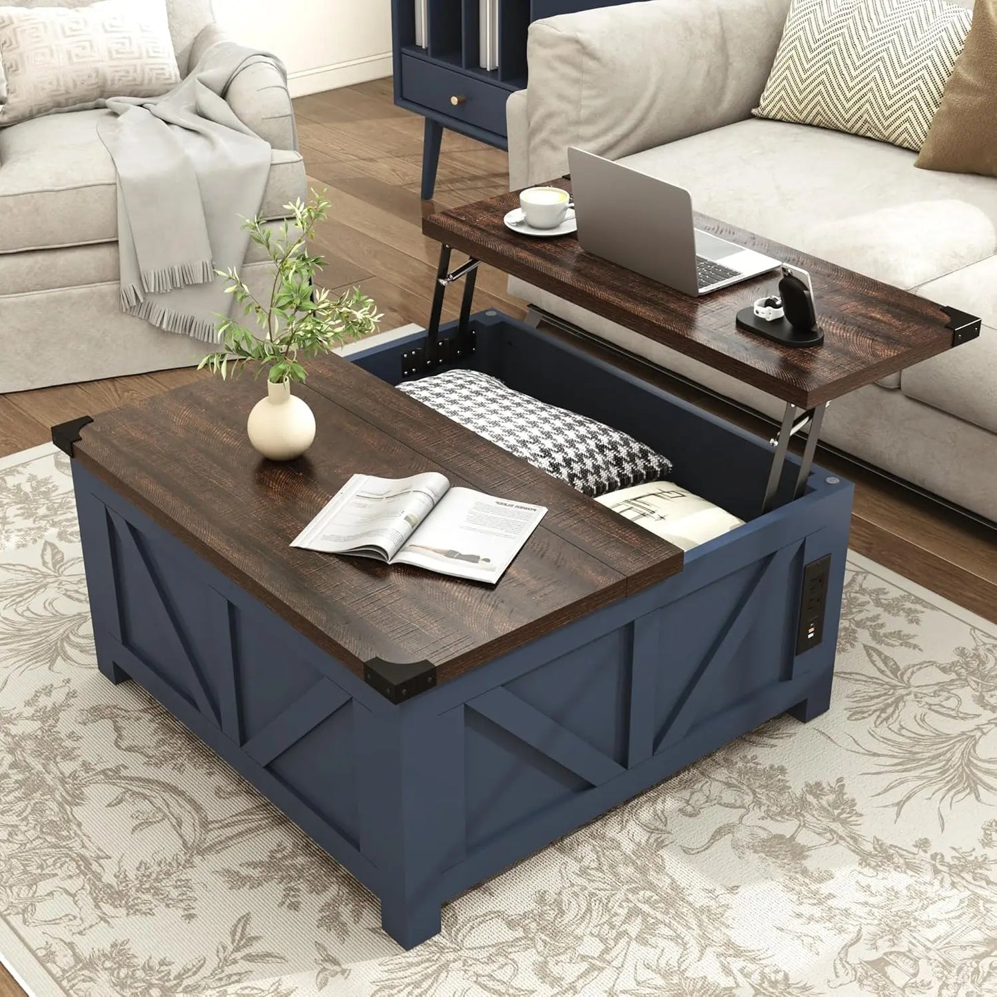 Farmhouse Lift Top Coffee Table with Storage, Wood Square Center Table with Charging Station&USB Port, Living Room, Custom