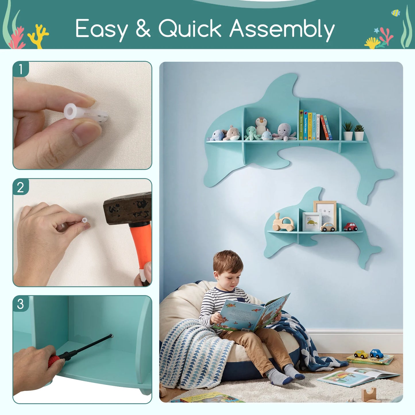2PCS Floating Dolphin Shelves w/ Compartments Cute Corner Bookshelves for Nursery