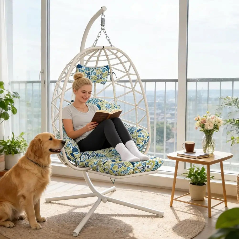 Hanging Egg Chair with Stand & Leg Rest,Rattan Wicker Swing Chair with Cushion,Patio Basket Hanging Chair Wicker Hammock Chair o