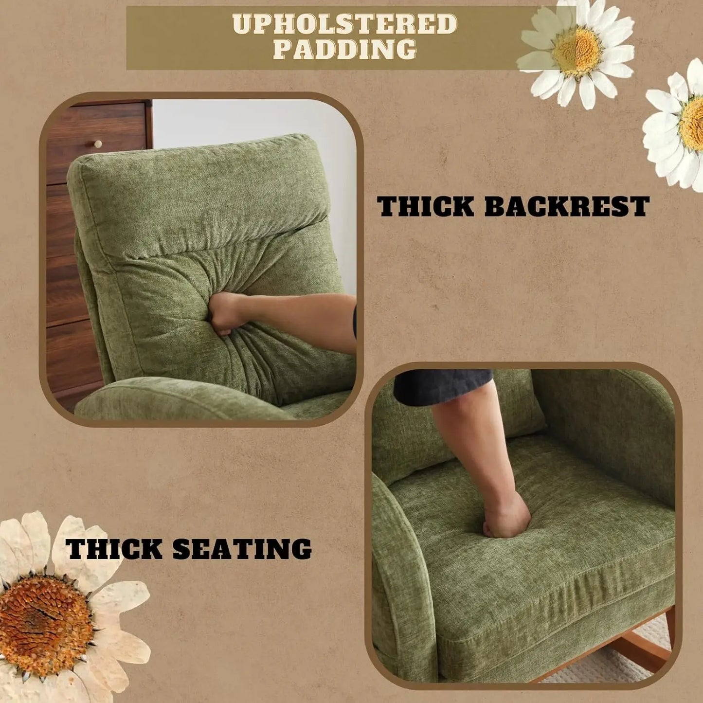 Olive Chenille Rocking Chair Nursery with Thick Headrest, Upholstered Mid-Century Modern Nursing Rocker Glider with, Customized