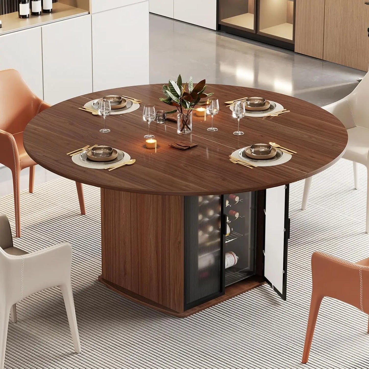 MOYU Round Dining Table With Storage Modern Wood Kitchen Table