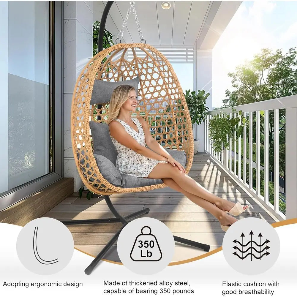 Hanging Egg Chair with Stand,All-Weather Rattan,330LBS ,Grey | Swing Chair with stand & thick cushions,330lb acity,rust-proo e,w