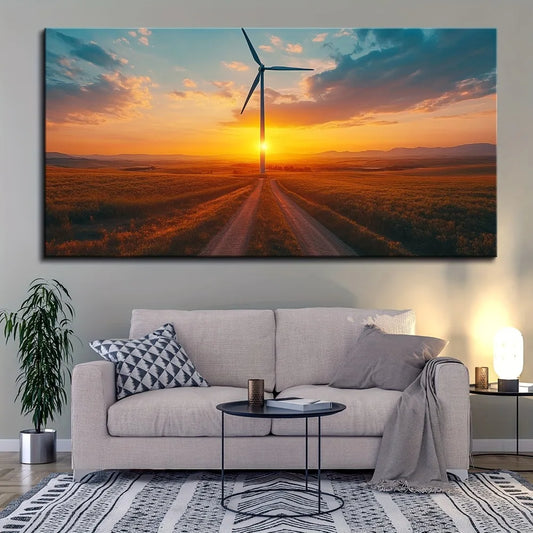 1.5 inch thick pine frame, sunrise wind turbine road, canvas wall art, living room poster, gift, bedroom painting