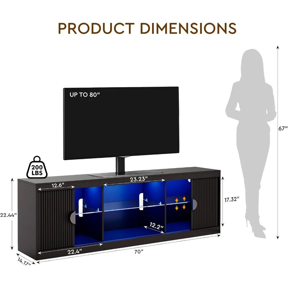 70" Fluted TV Stand Modern Entertainment Center with LED Lights, Adjustable Glass Shelves & Storage Cabinet, Media ConsoleCustom
