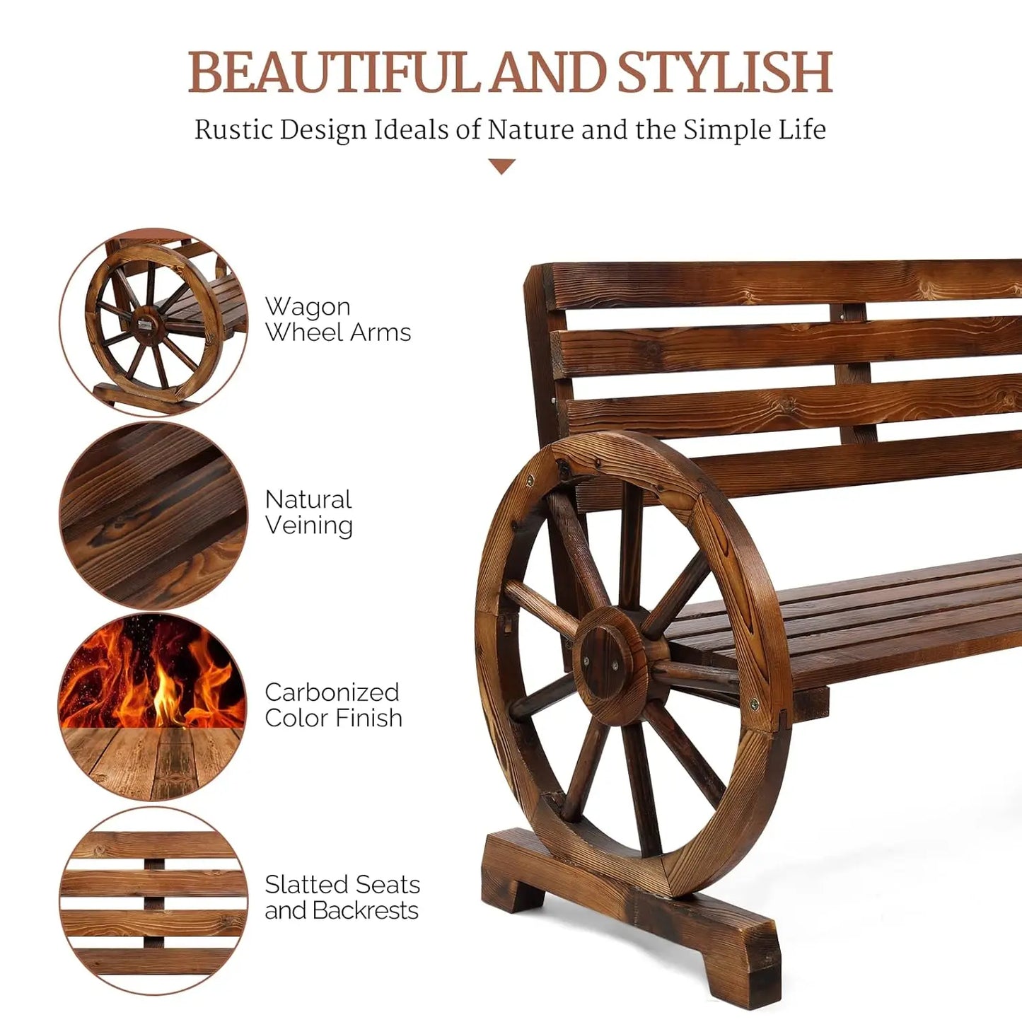 Rustic Firwood Outdoor Bench 2 Person Wagon Wheel Slatted Seat