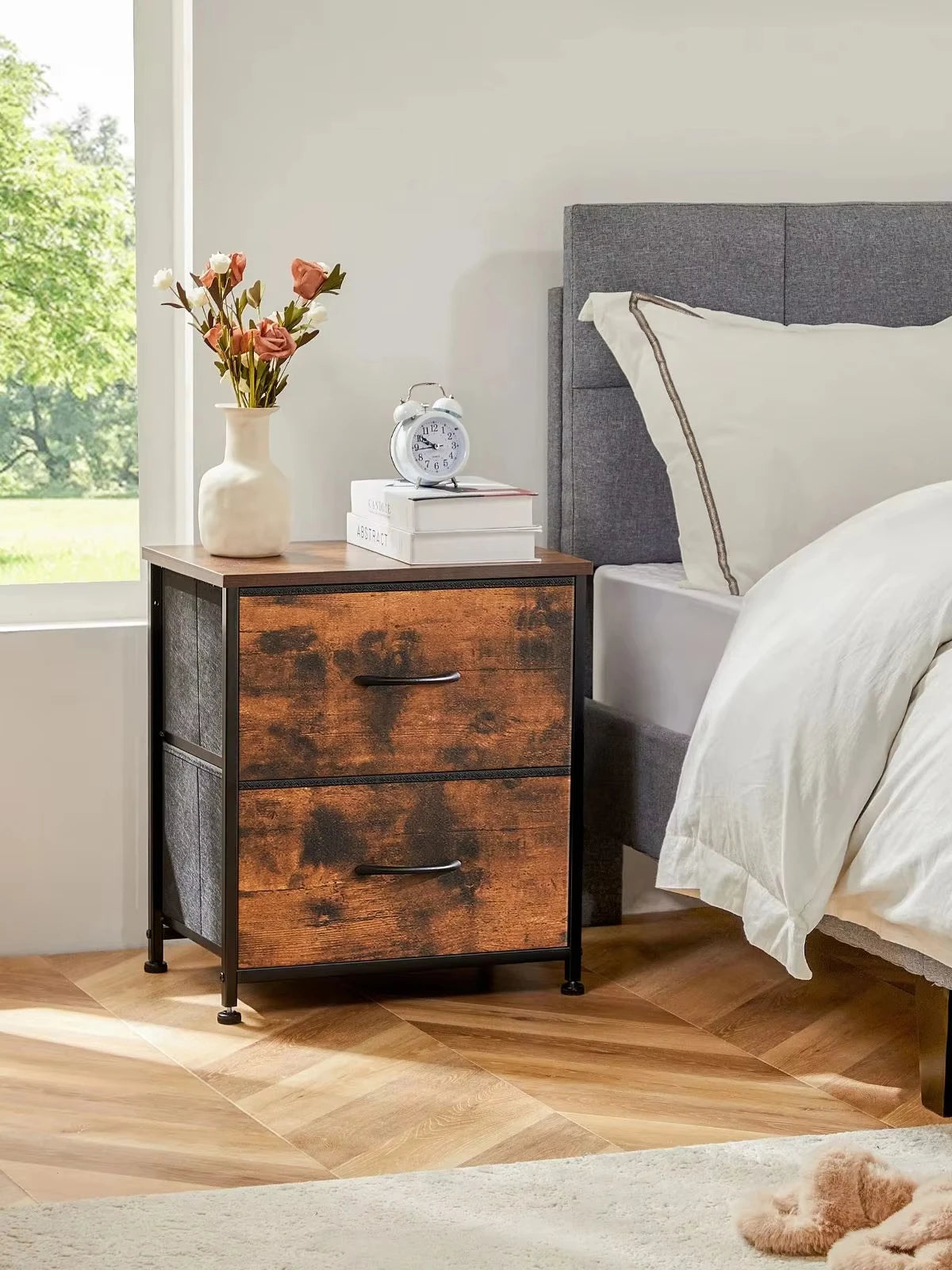 JHK Nightstand Bedside Table With Fabric Drawers And Cabinet