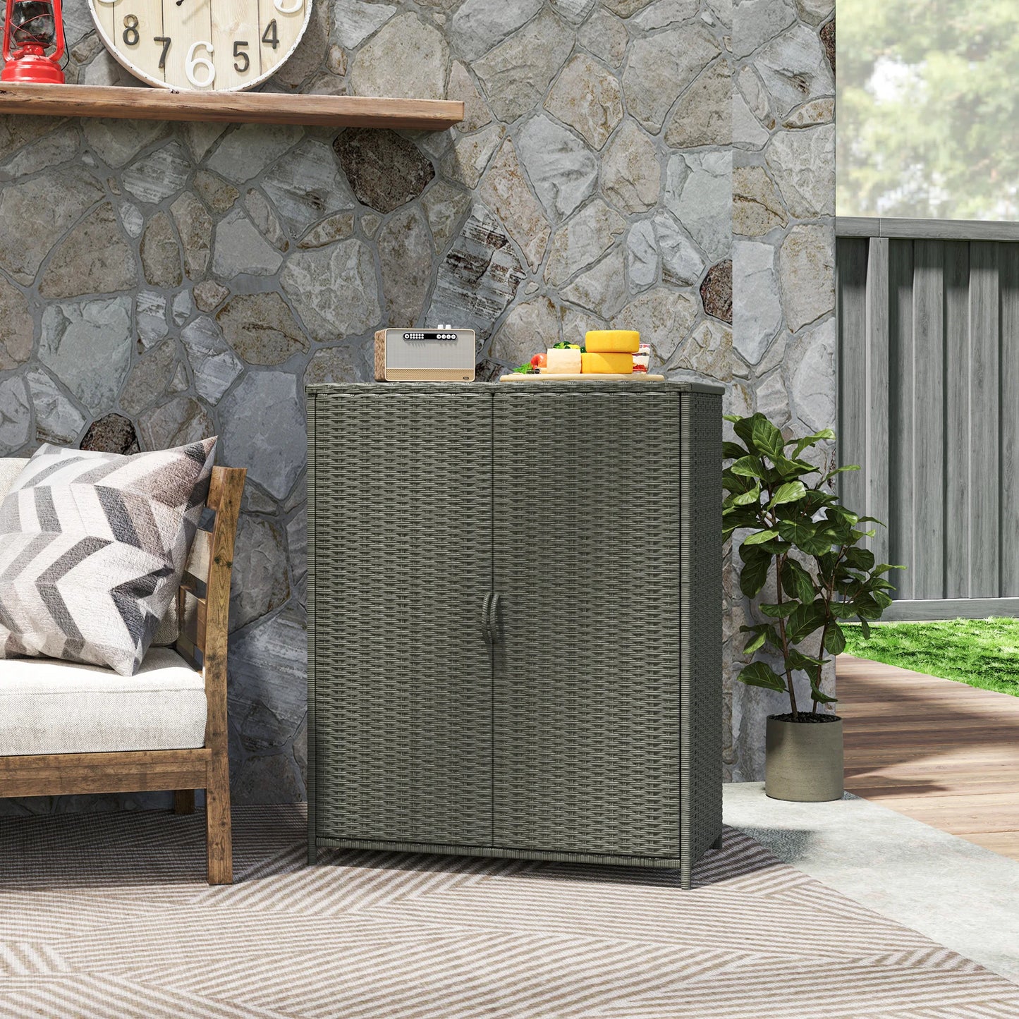 Outsunny Wicker Outdoor Storage Cabinet with Shelves, 2 Doors, Dark Gray