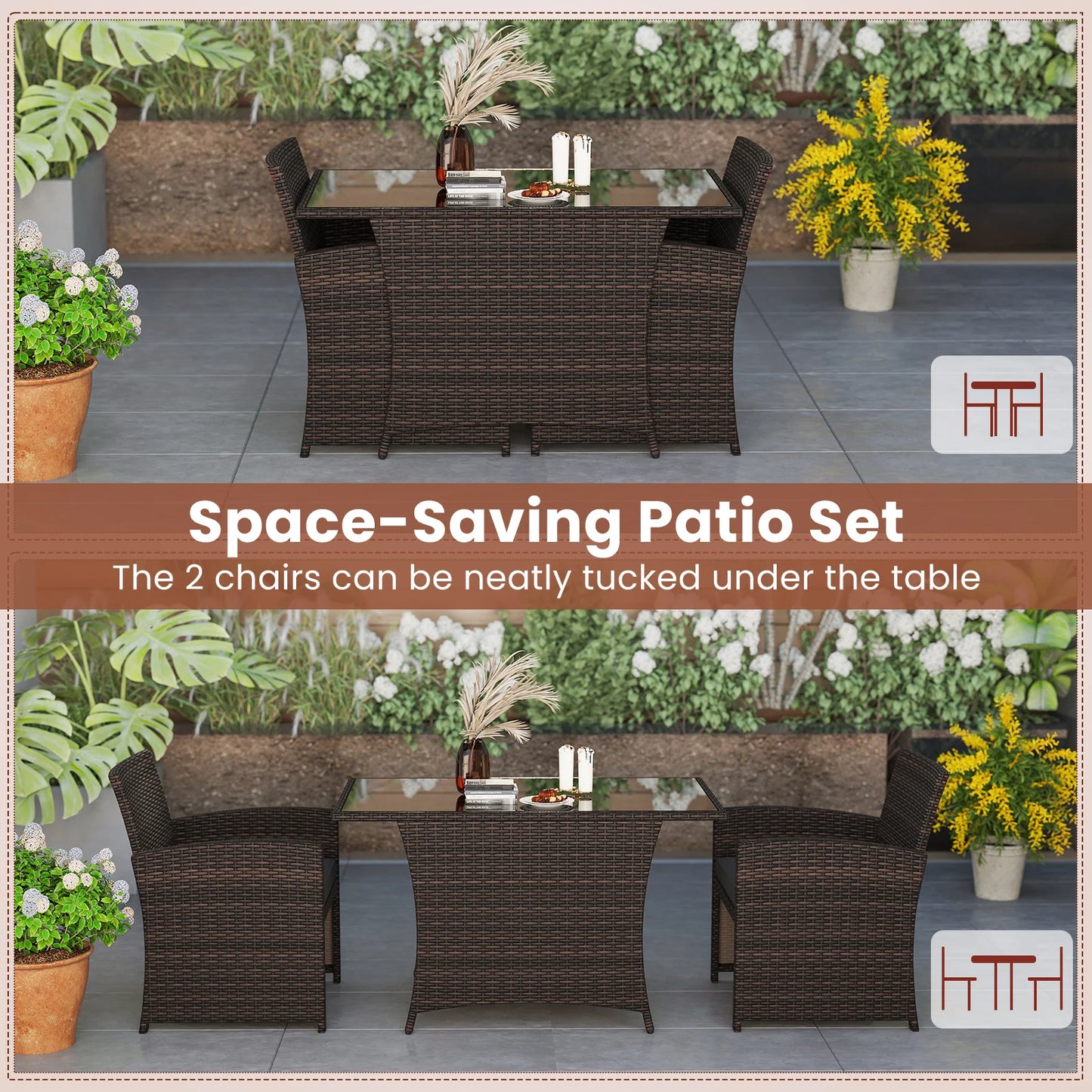 3 Pieces Wicker Bistro Set Balcony Furniture Set w/ Tempered Glass Dining Table