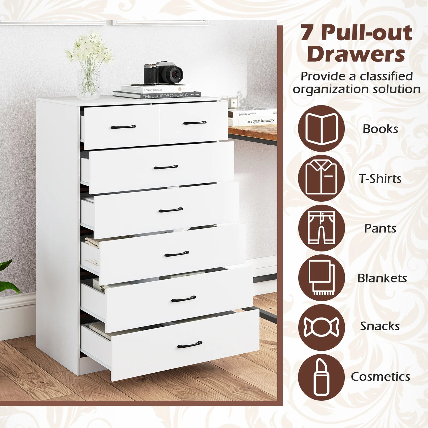 7 Drawers Dresser Wooden Chest of Drawers w/ Metal Handles, Guide Rails Espresso