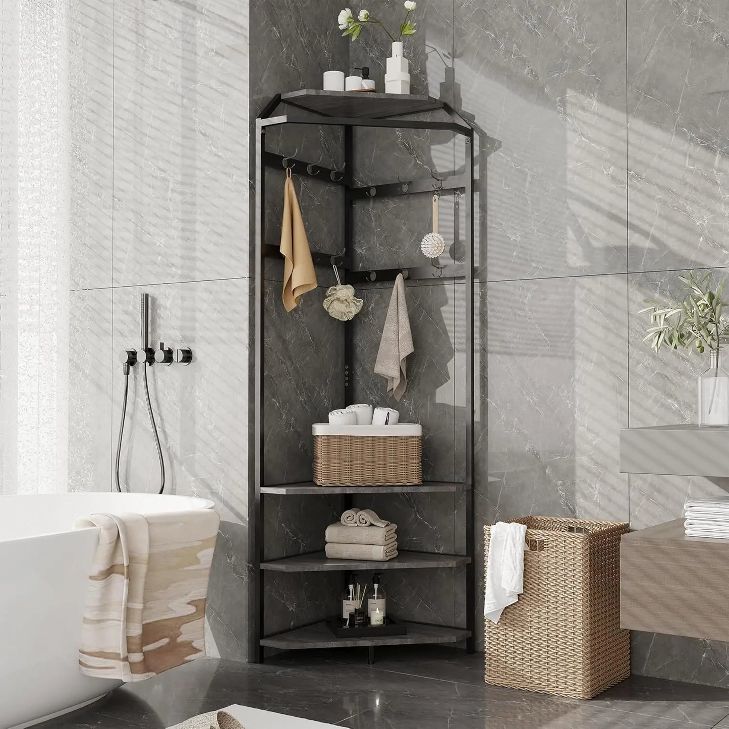 Corner Hall Tree With Shoe Bench Entryway Corner Coat Rack With 12 Double Hooks Clothes Rack With Corner Tree for Hallway